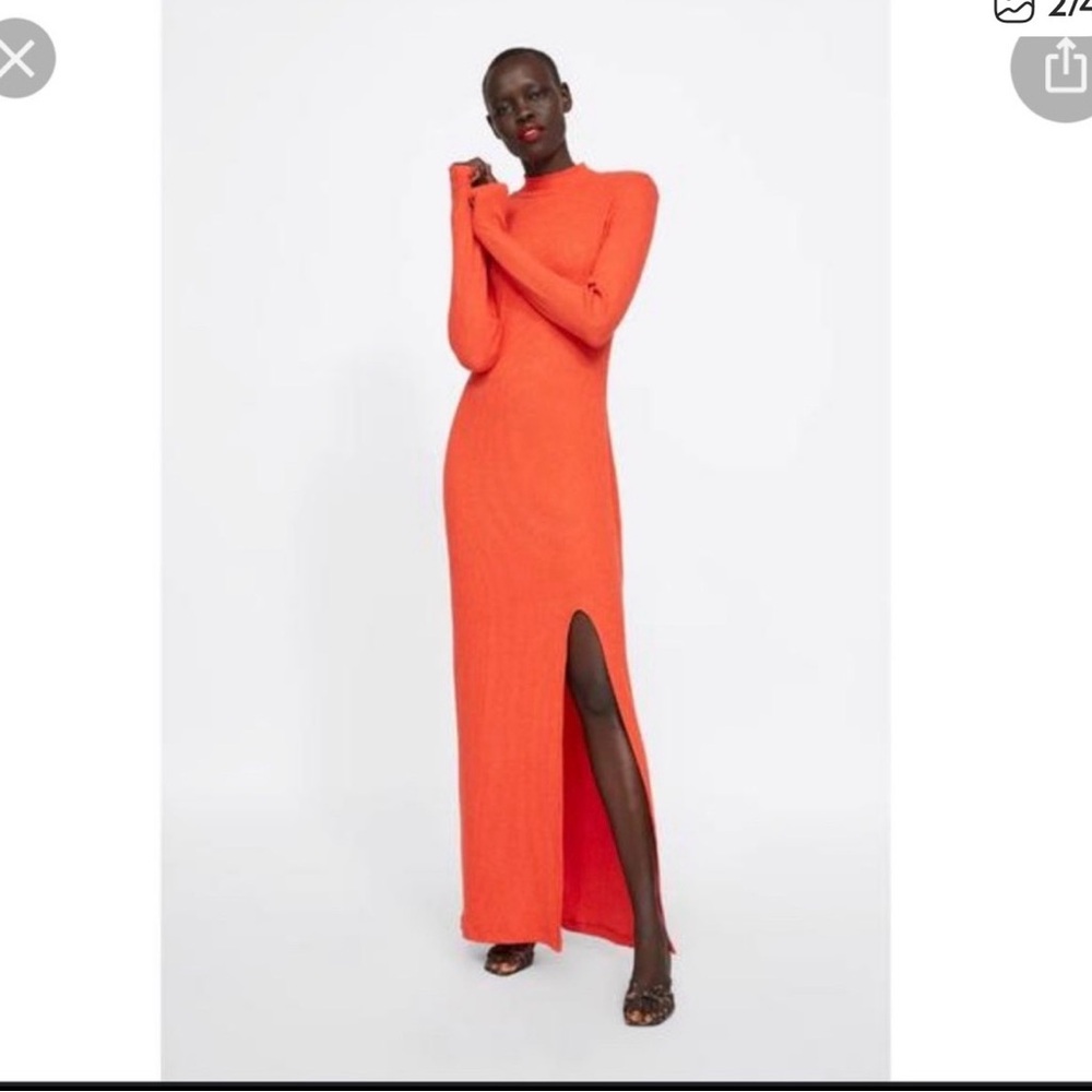 ZARA Orange Long-Sleeve Maxi Dress with Side Slit